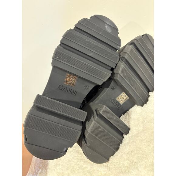 NWOB Ganni Cleated Heeled Mid Chelsea Boots Black Patent Leather Women's Size 39 - Picture 13 of 14